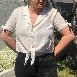 Button Down with tie front and floral embroi